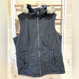Mountain Hardwear insulated vest. Faux fur hood.